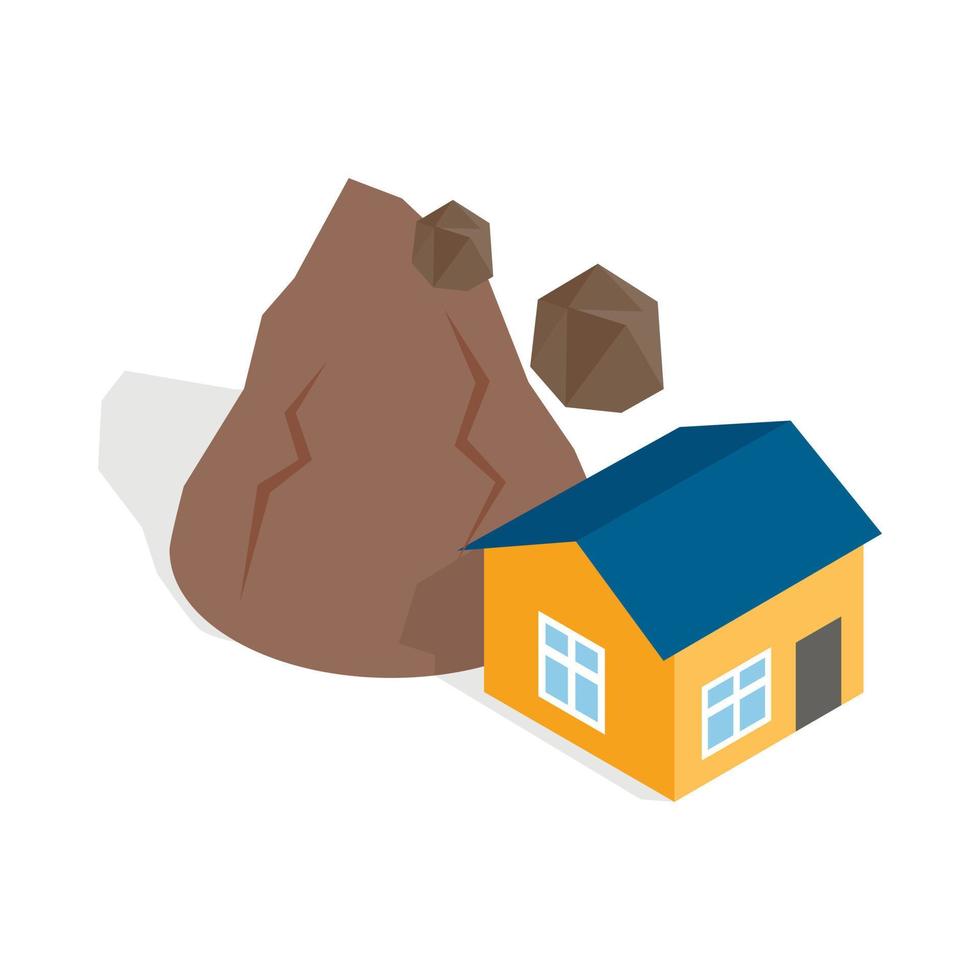 Rockfall destroys house icon, isometric 3d style vector