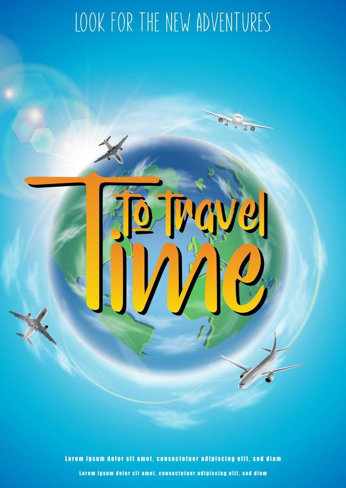 Time to travel banner with green globe and flying planes around. Vertical orientation. vector