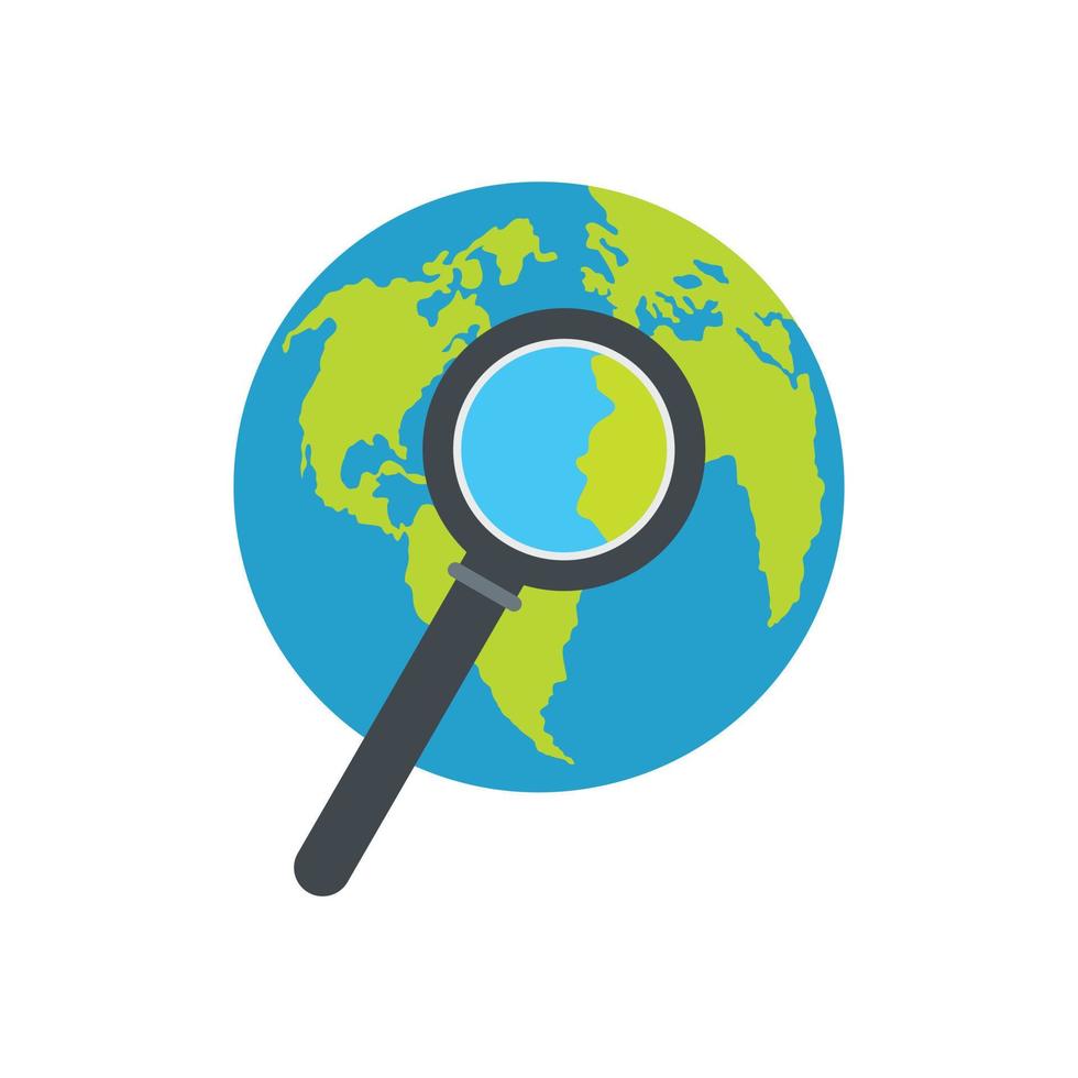 Magnifier on earth icon, flat style. vector