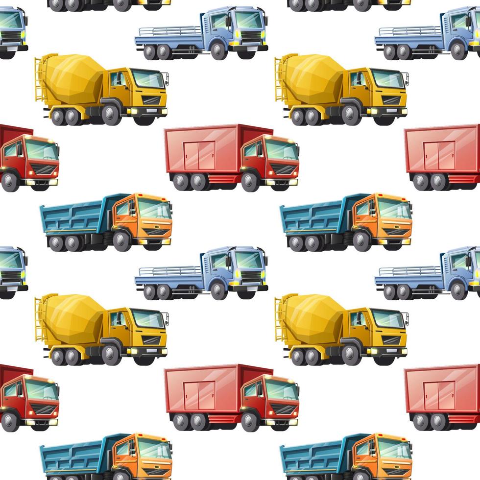 Vector kids cartoon style seamless pattern of colorful construction trucks on white background.