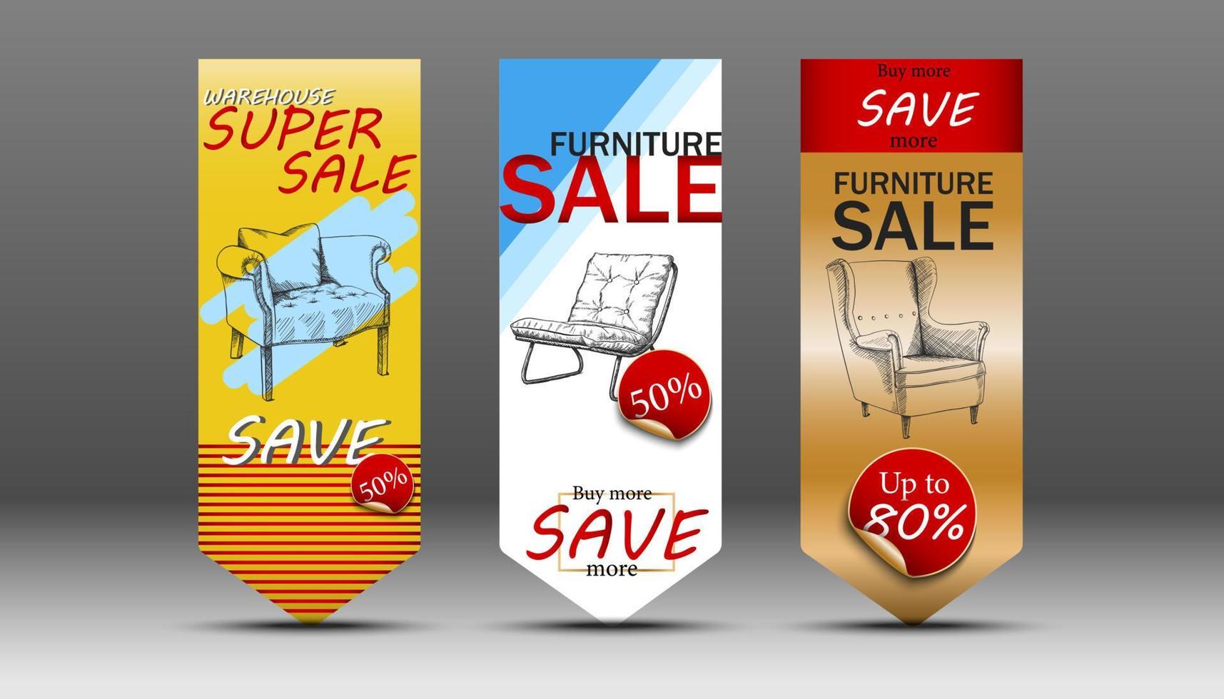 Set of vector sale banners or flyers for warehouse and furniture sale.