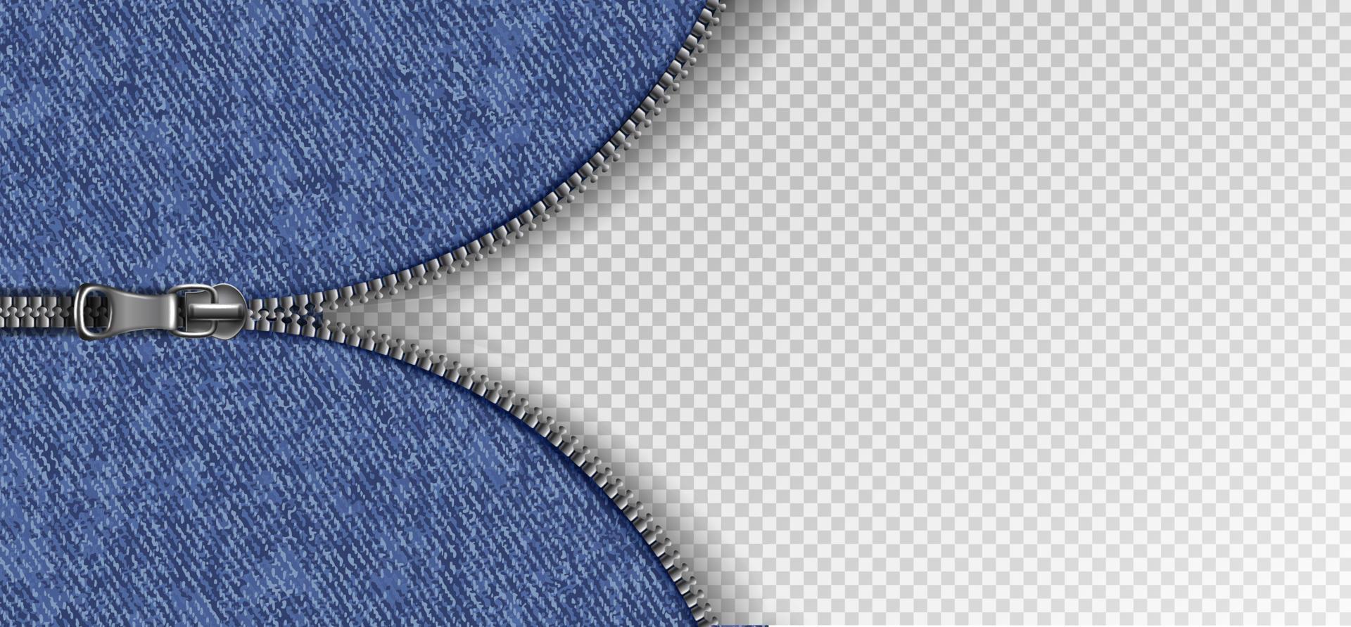 Fondo vectorial realista en 3d con cremallera deslizante con textura de jeans. vector