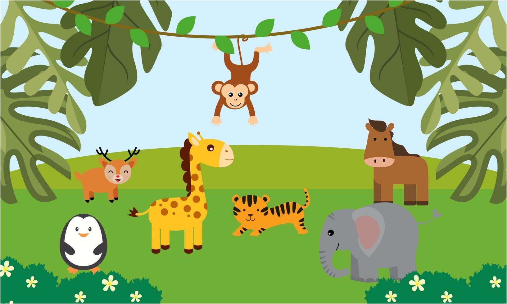 Cute jungle animals in cartoon style, wild animal, zoo designs for background illustration vector