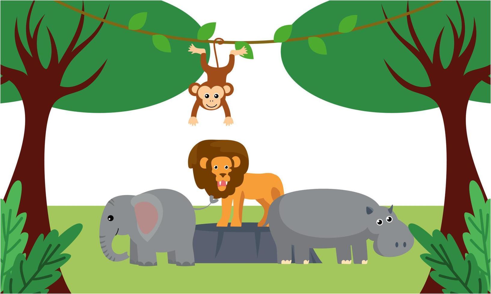 lindos animales de la selva en estilo de dibujos animados, animales salvajes, diseños de zoológicos para ilustración de fondo vector