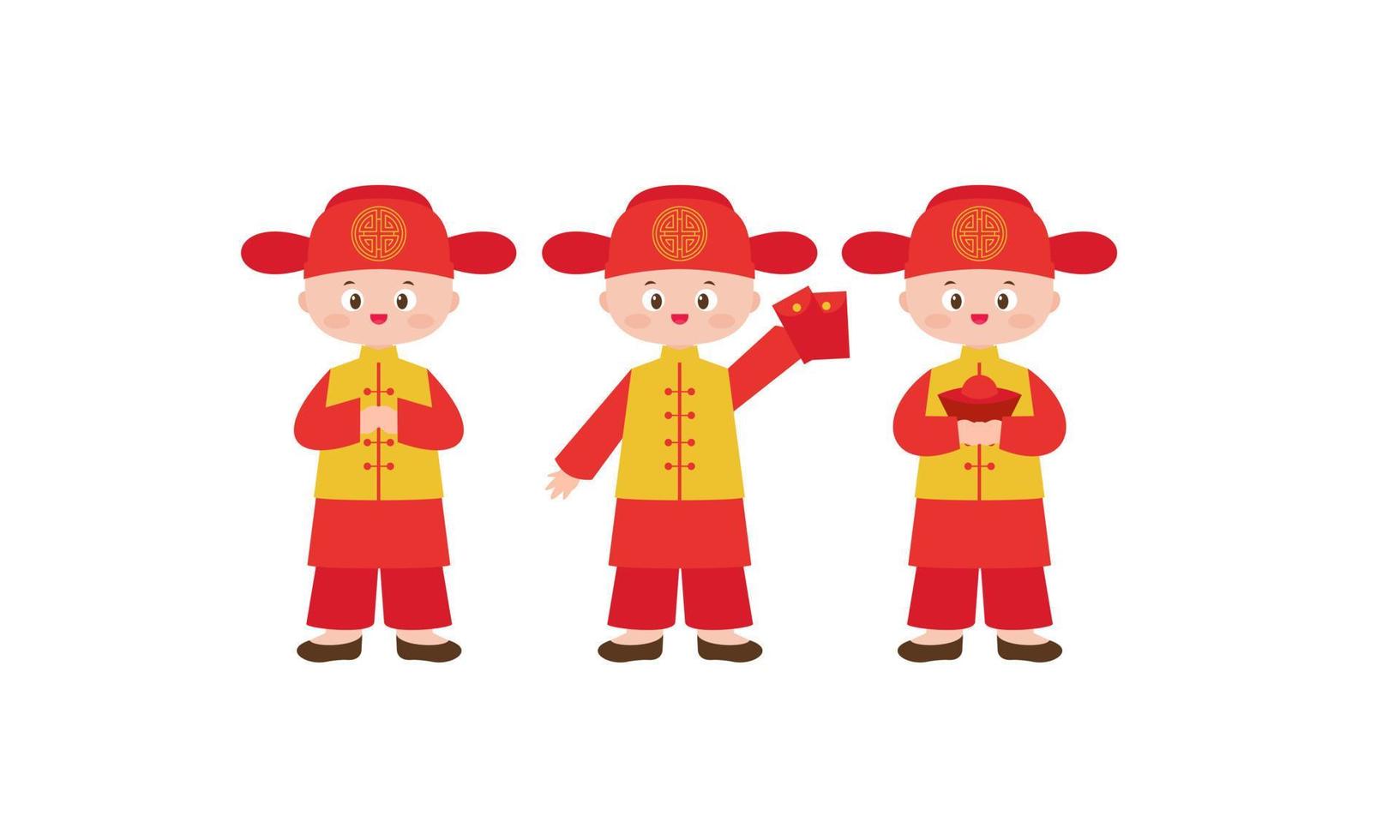 Happy chinese new year card with a kid wearing chinese traditional costumes vector