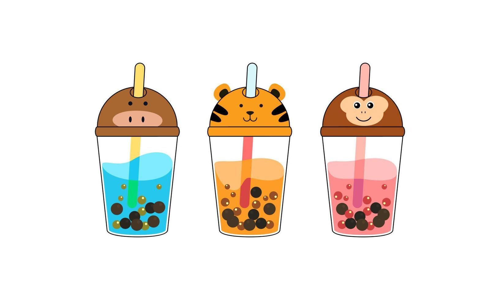 Set kawaii bubble tea with animal faces vector