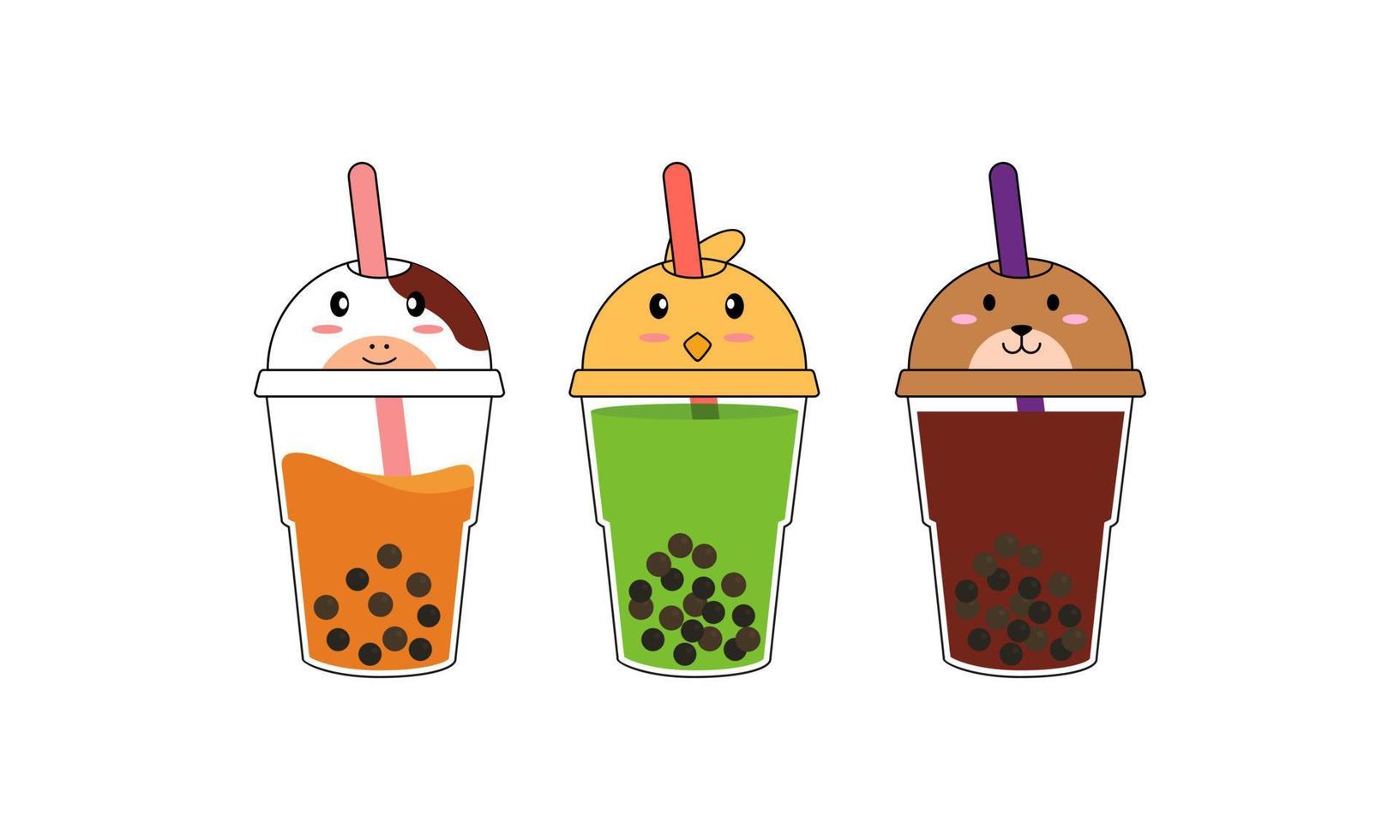 Set kawaii bubble tea with animal faces vector