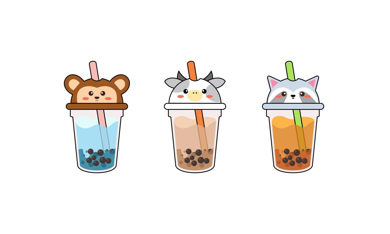 Set kawaii bubble tea with animal faces vector