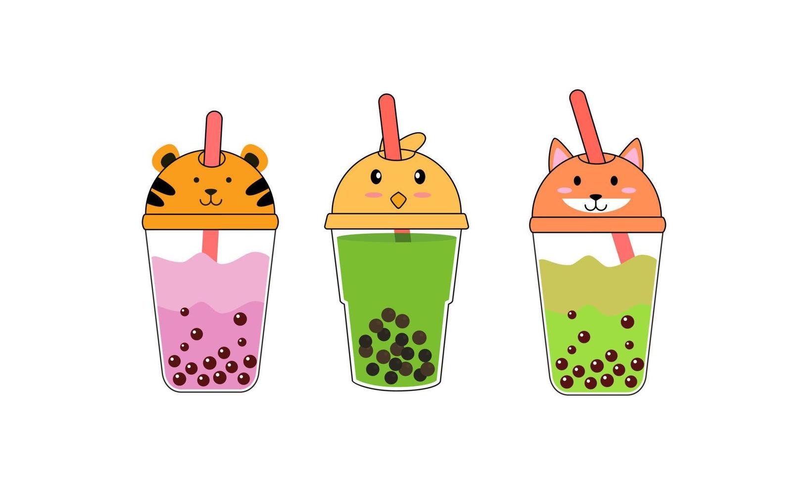 Set kawaii bubble tea with animal faces vector