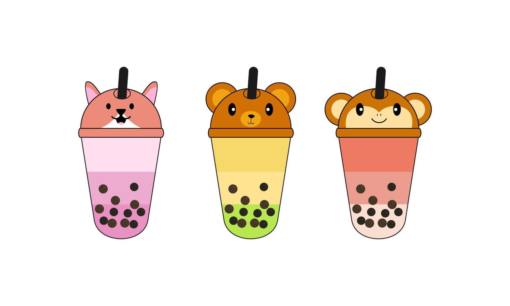 Set kawaii bubble tea with animal faces vector