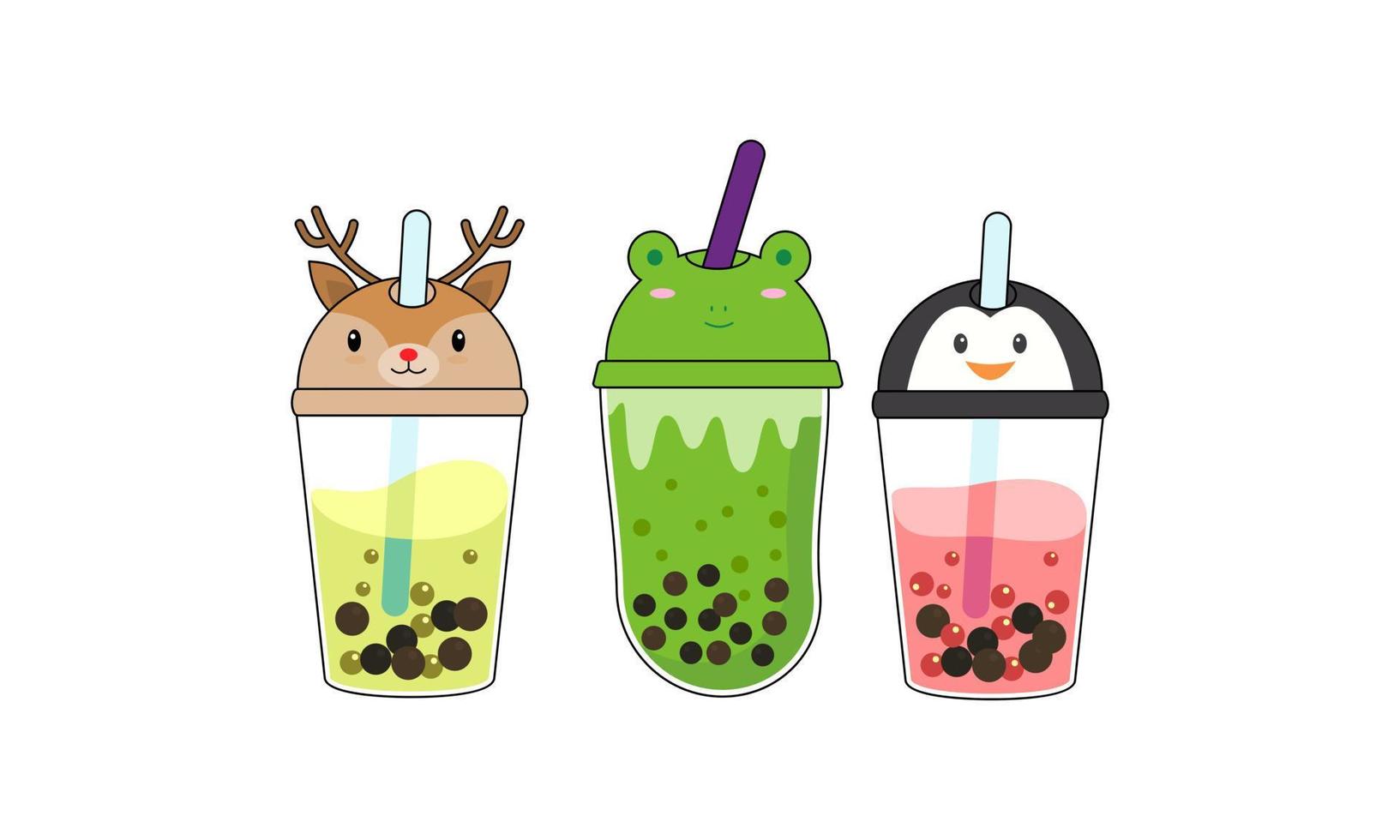 Set kawaii bubble tea with animal faces vector