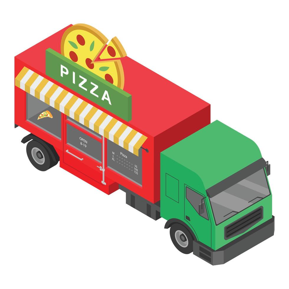 icono de camión de pizza, estilo isométrico vector