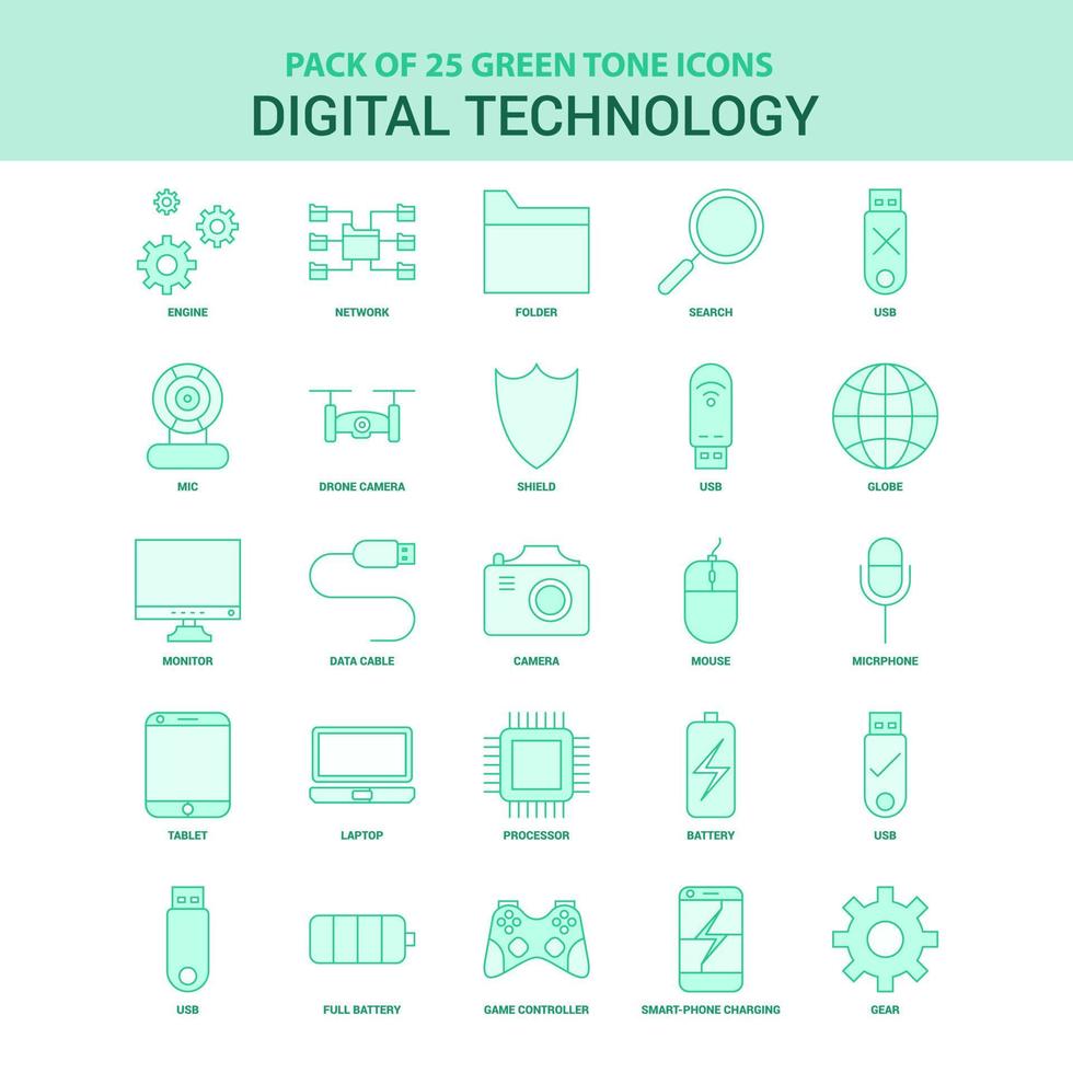 25 conjunto de iconos de tecnología digital verde vector