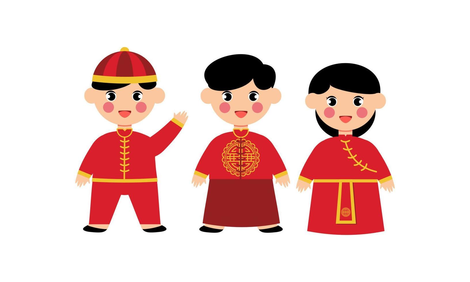 Happy chinese new year card with a kid wearing chinese traditional costumes vector