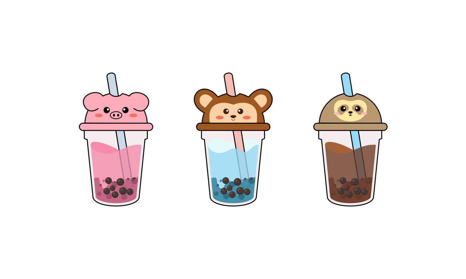 Set kawaii bubble tea with animal faces vector