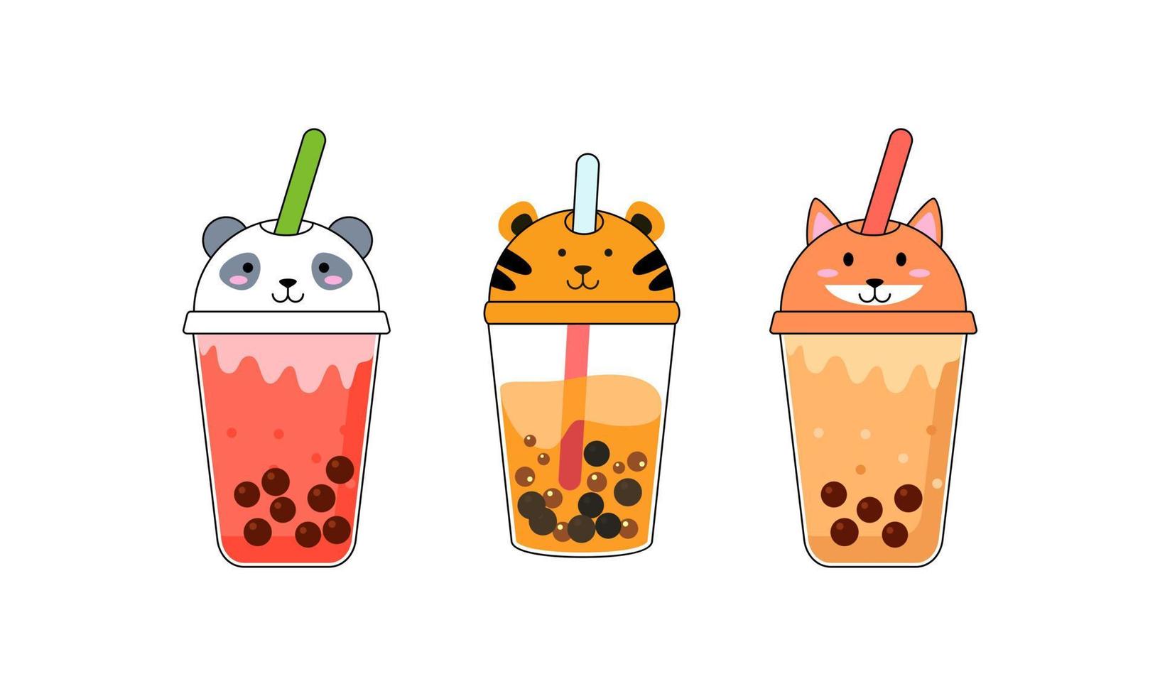 Set kawaii bubble tea with animal faces vector