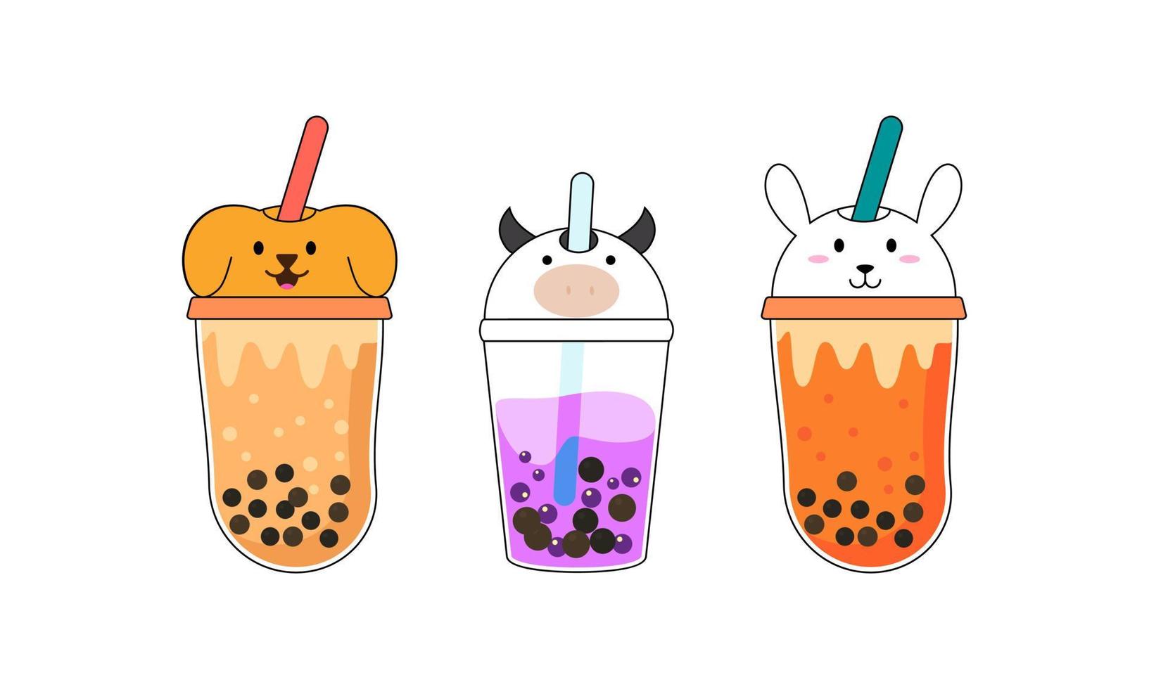 Set kawaii bubble tea with animal faces vector