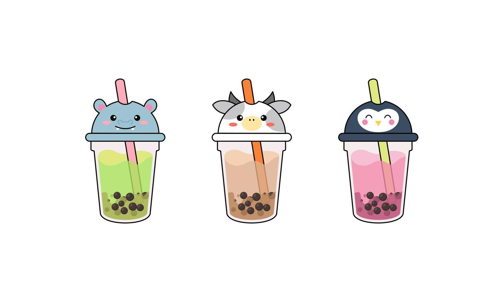 Set kawaii bubble tea with animal faces vector