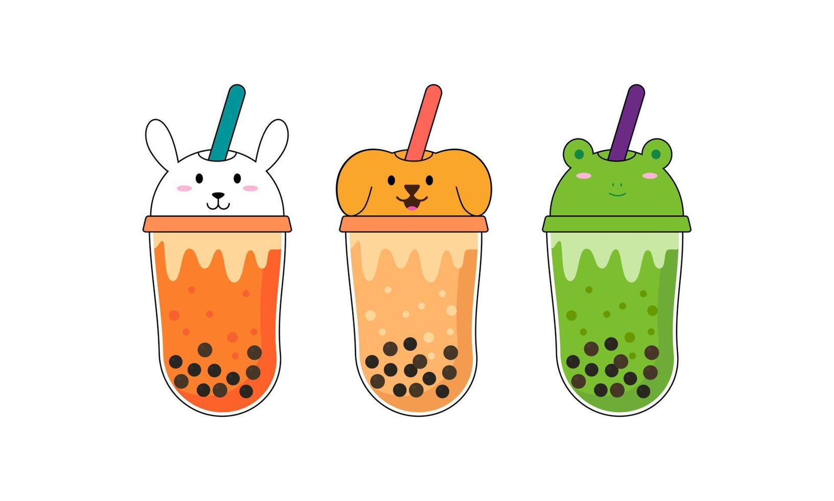 Set kawaii bubble tea with animal faces vector