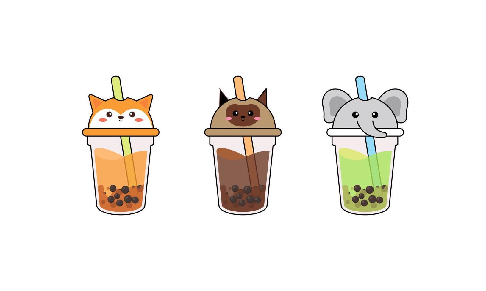 Set kawaii bubble tea with animal faces vector