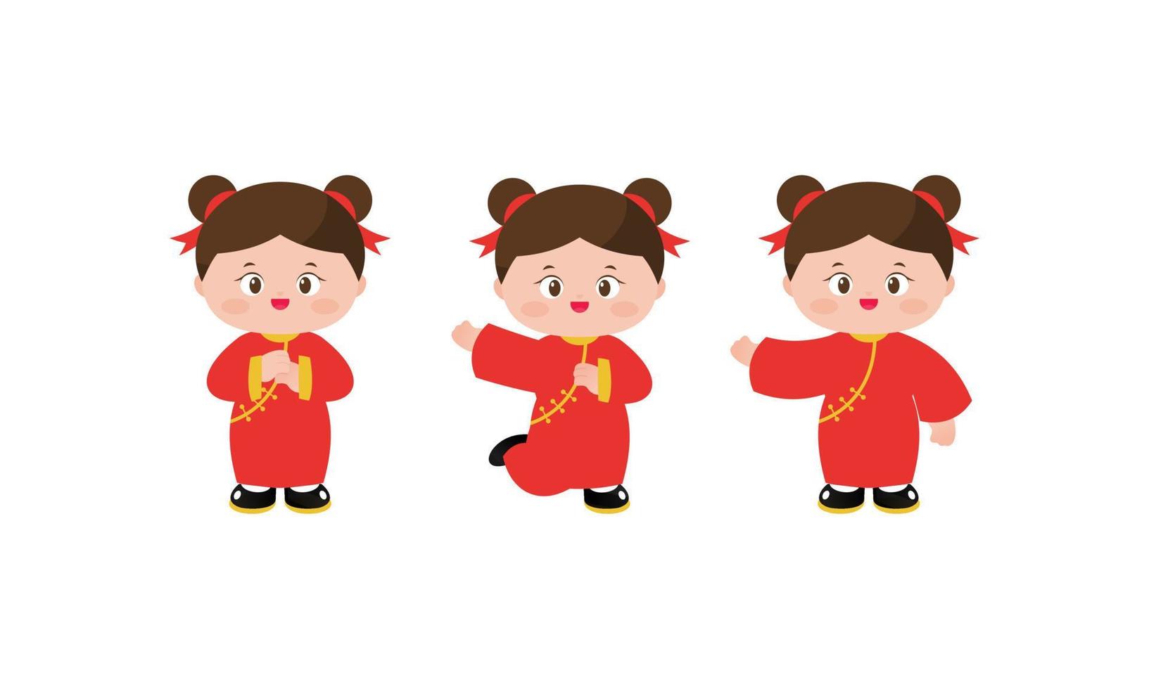 tarjeta de feliz año nuevo chino con un niño vestido con trajes tradicionales chinos vector