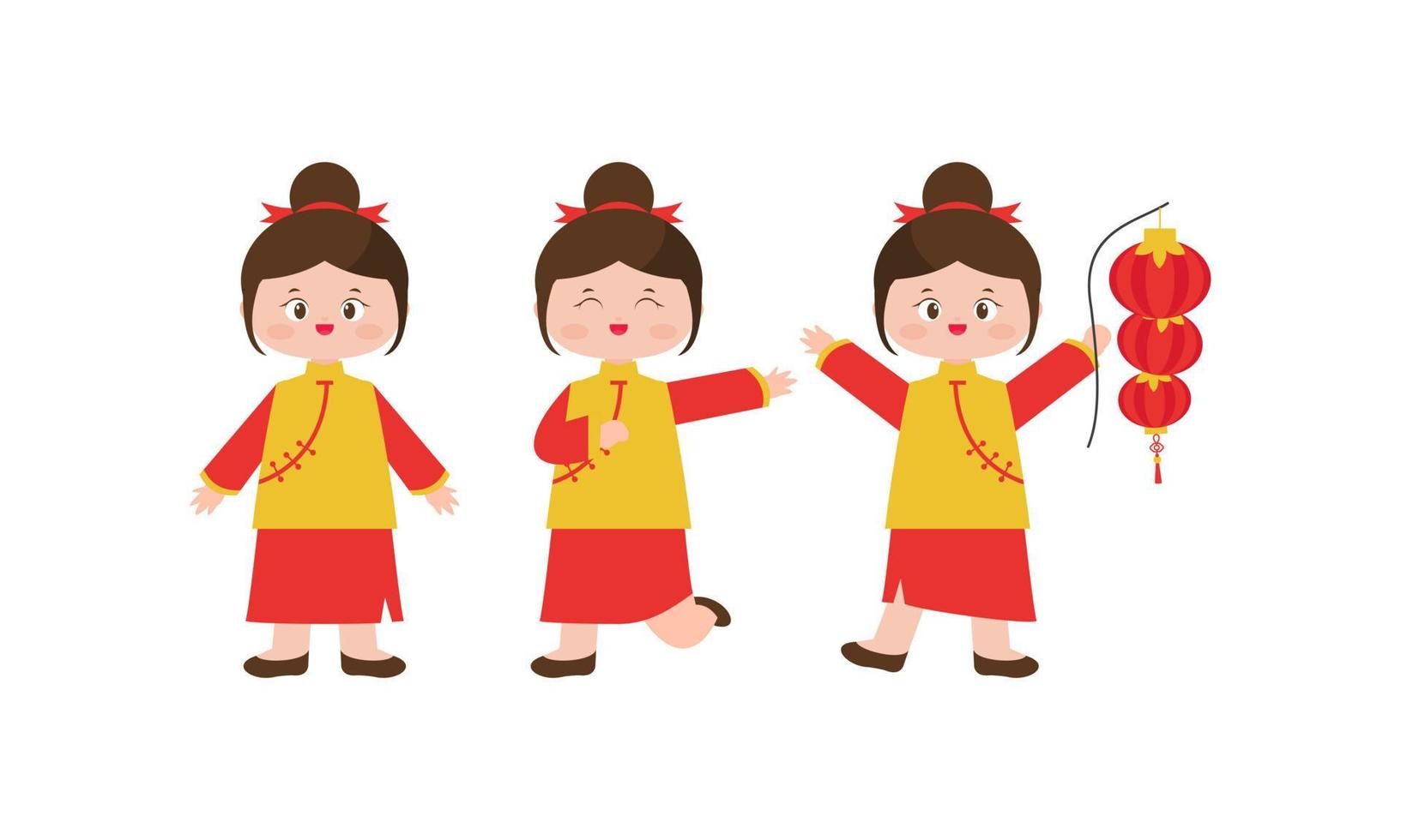 Happy chinese new year card with a kid wearing chinese traditional costumes vector