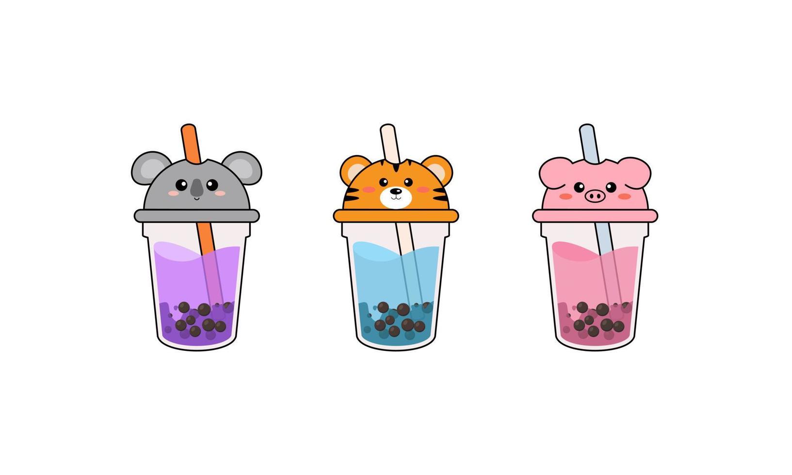 Set kawaii bubble tea with animal faces vector