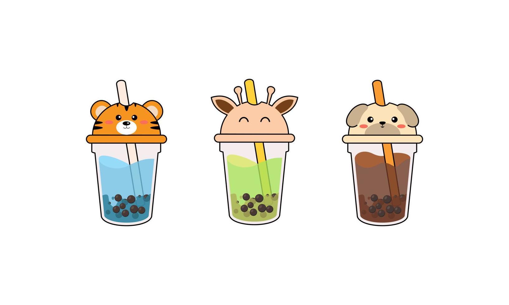 Set kawaii bubble tea with animal faces vector