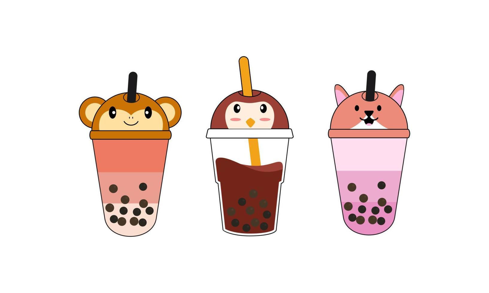 Set kawaii bubble tea with animal faces vector