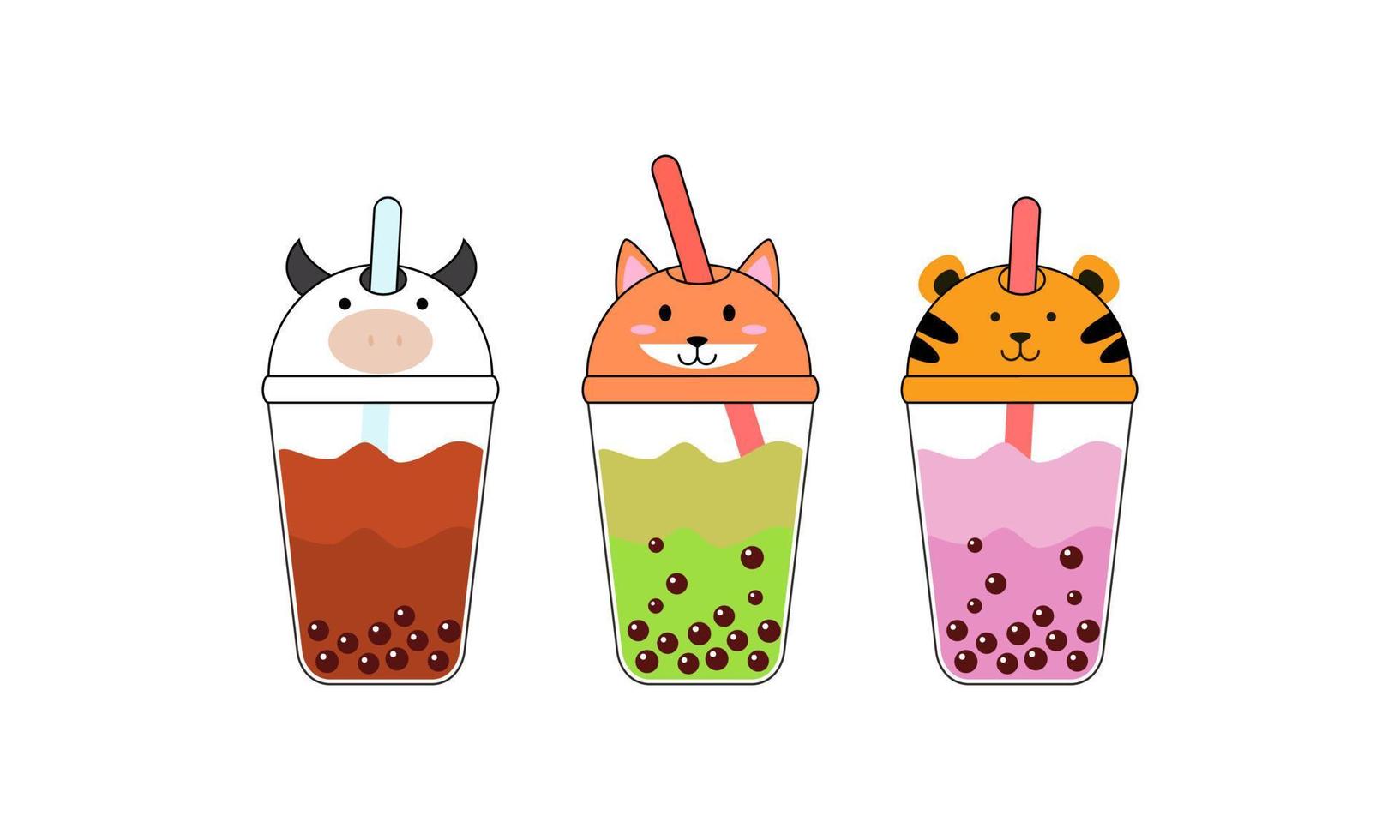 Set kawaii bubble tea with animal faces vector