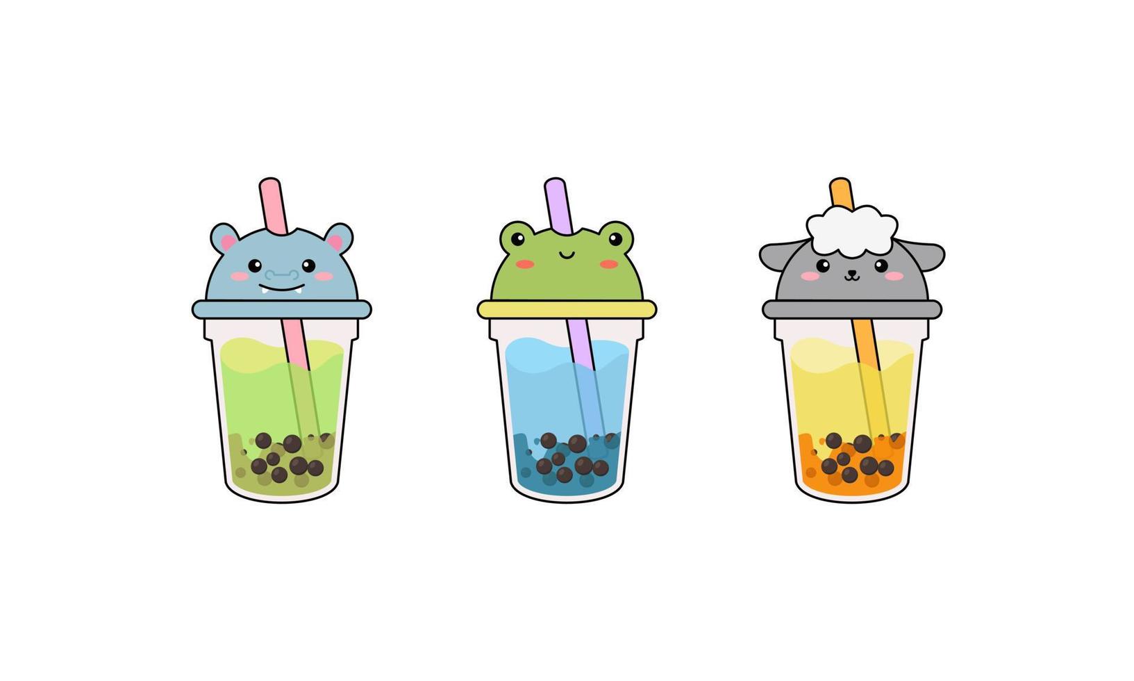 Set kawaii bubble tea with animal faces vector