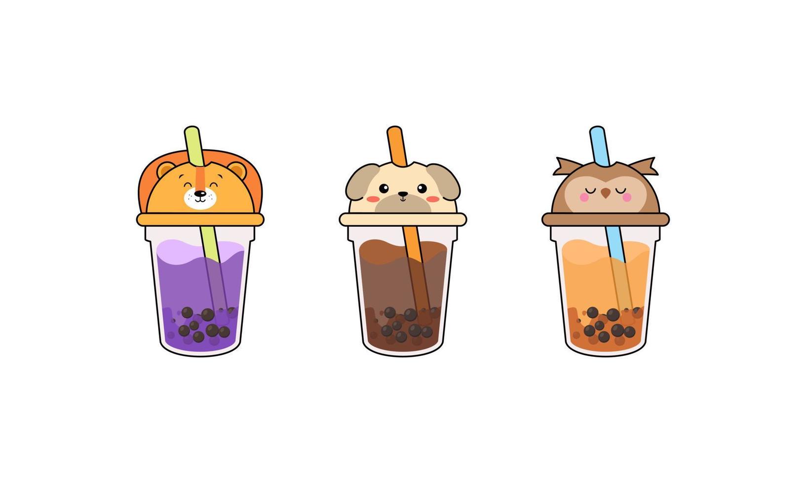 Set kawaii bubble tea with animal faces vector