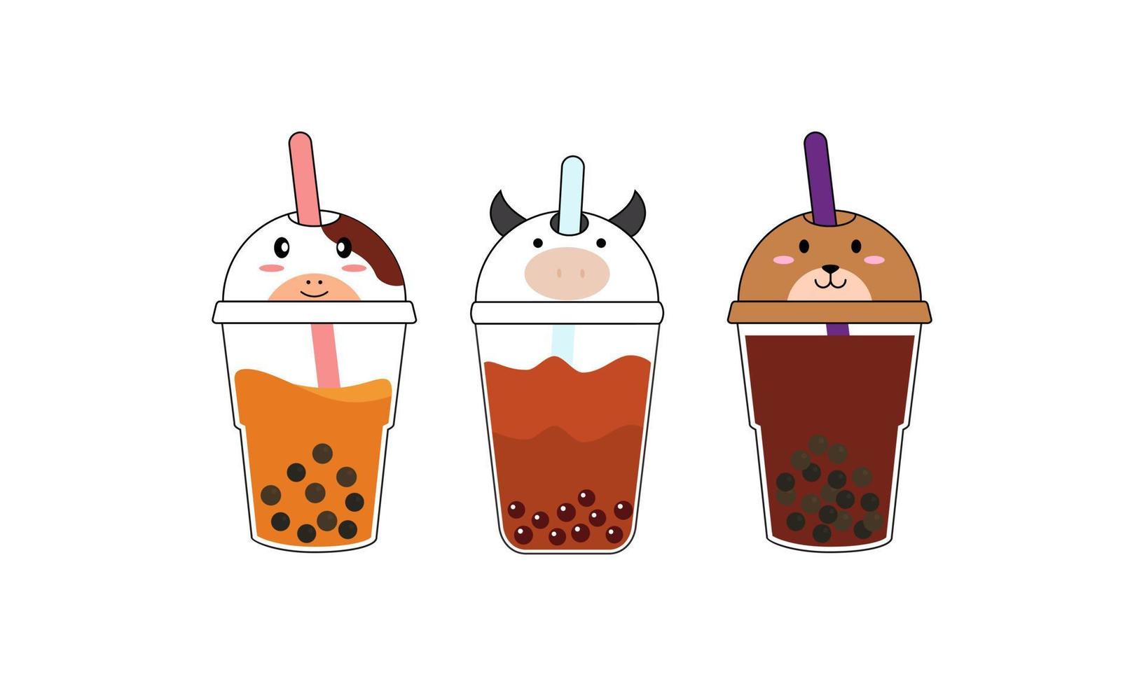 Set kawaii bubble tea with animal faces vector