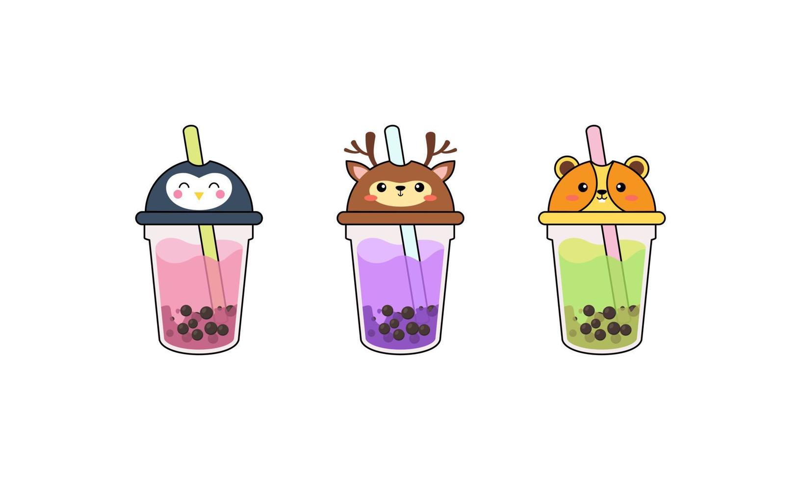 Set kawaii bubble tea with animal faces vector