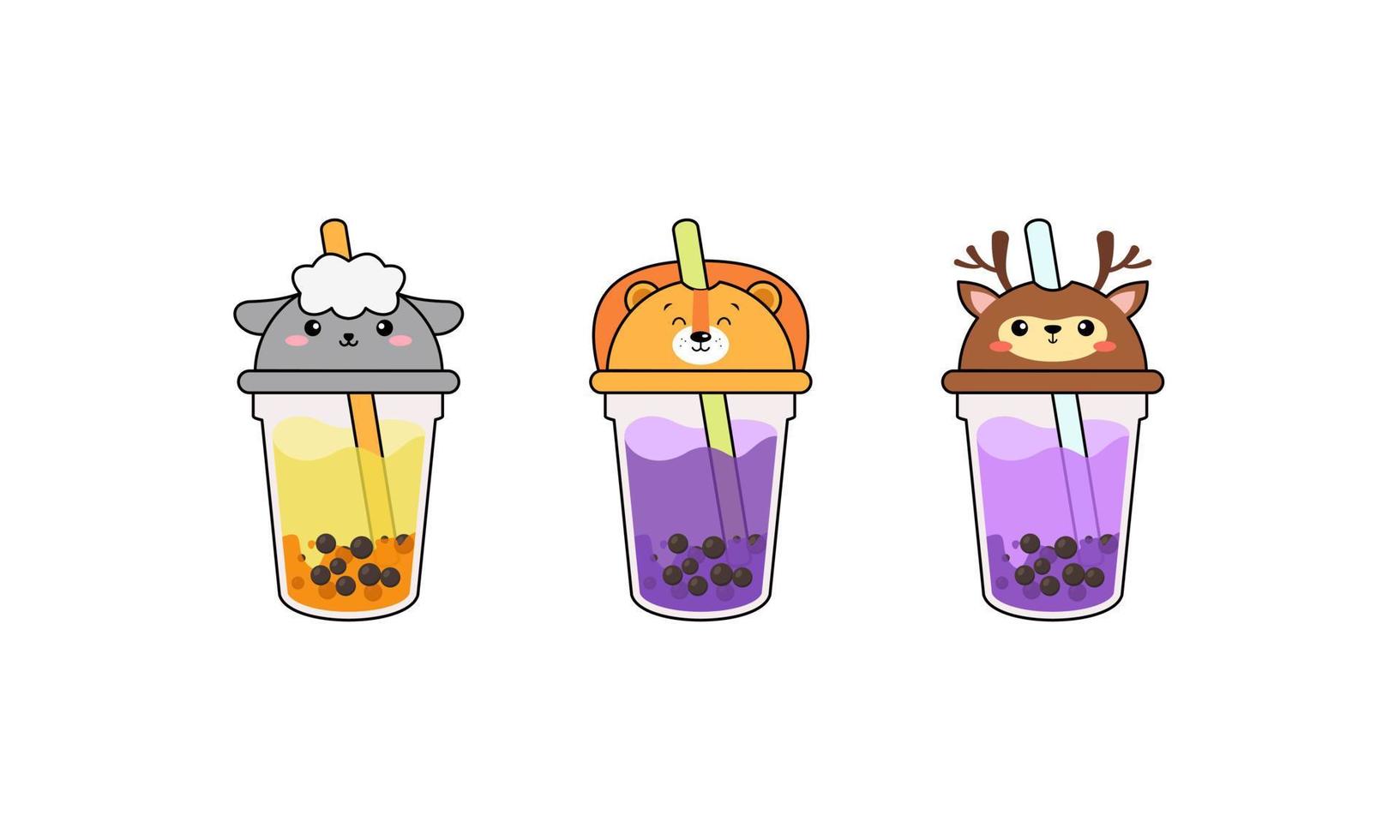 Set kawaii bubble tea with animal faces vector