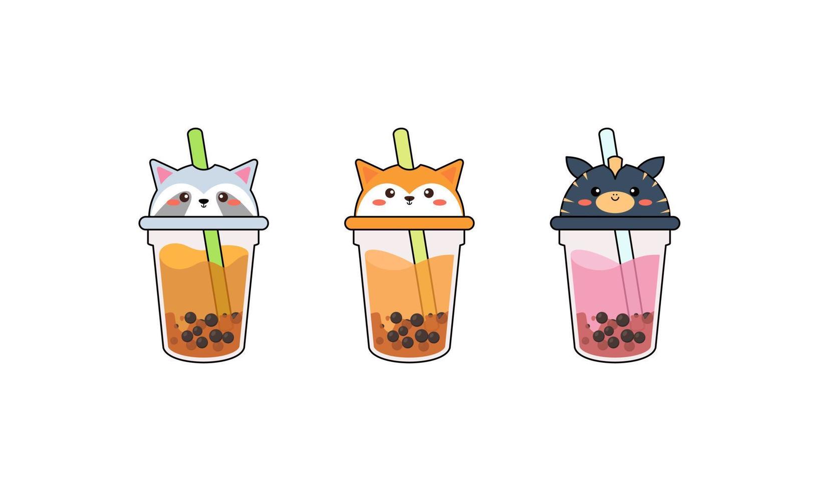 Set kawaii bubble tea with animal faces vector