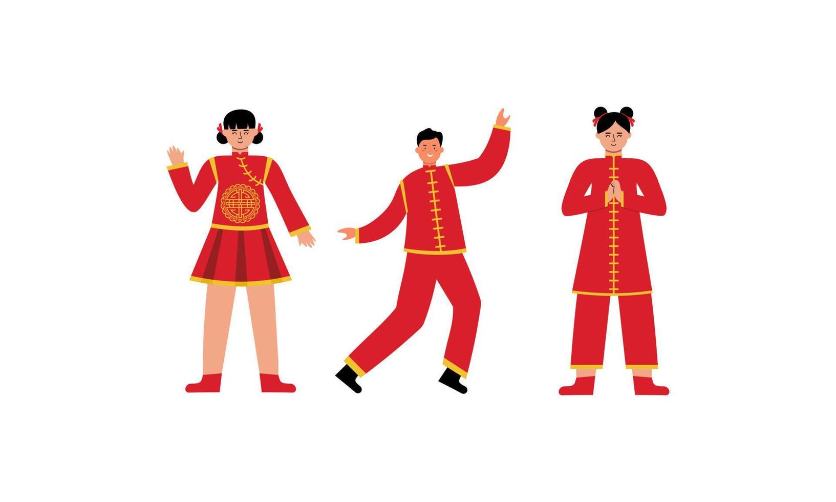 Happy chinese new year card with a kid wearing chinese traditional costumes vector