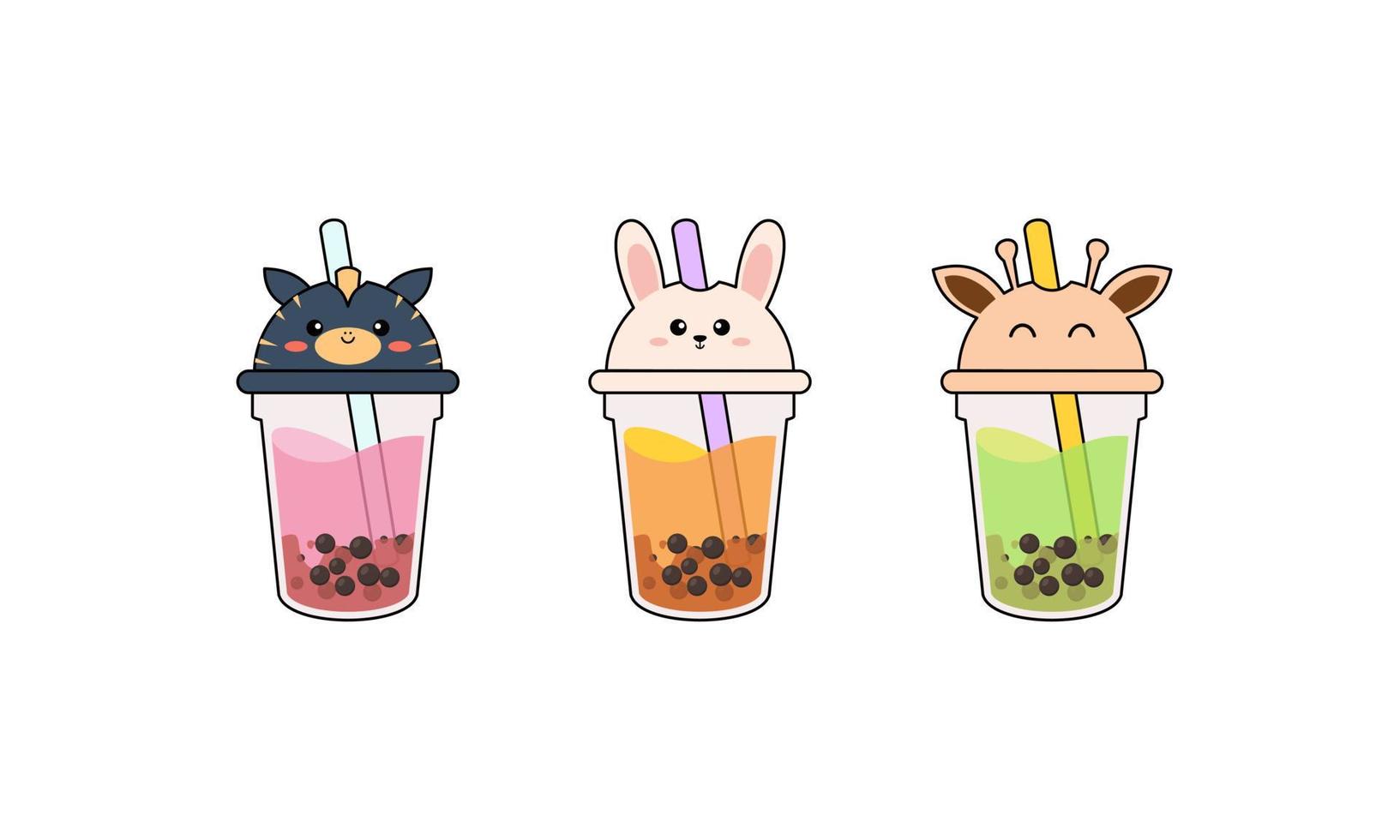 Set kawaii bubble tea with animal faces vector