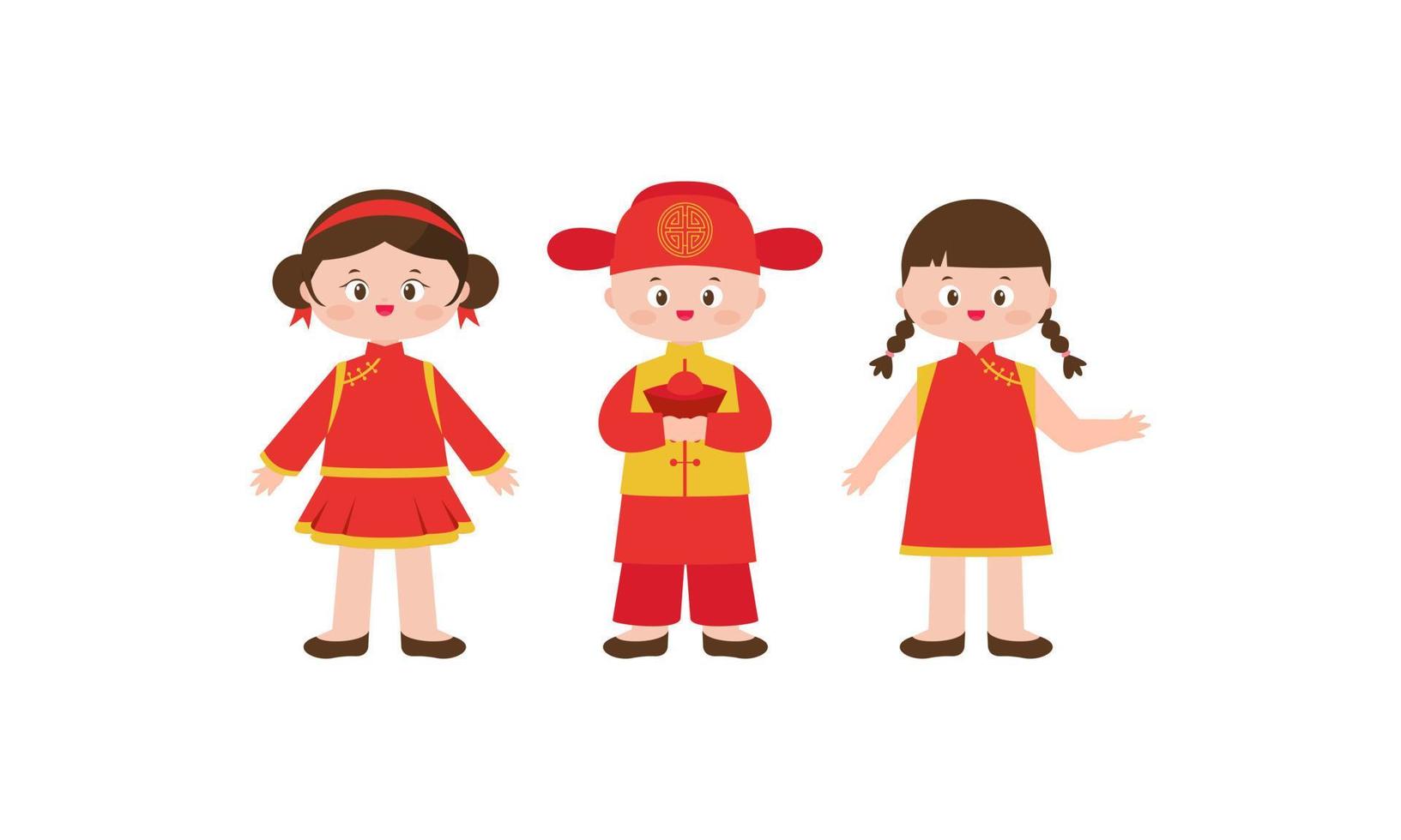 Happy chinese new year card with a kid wearing chinese traditional costumes vector