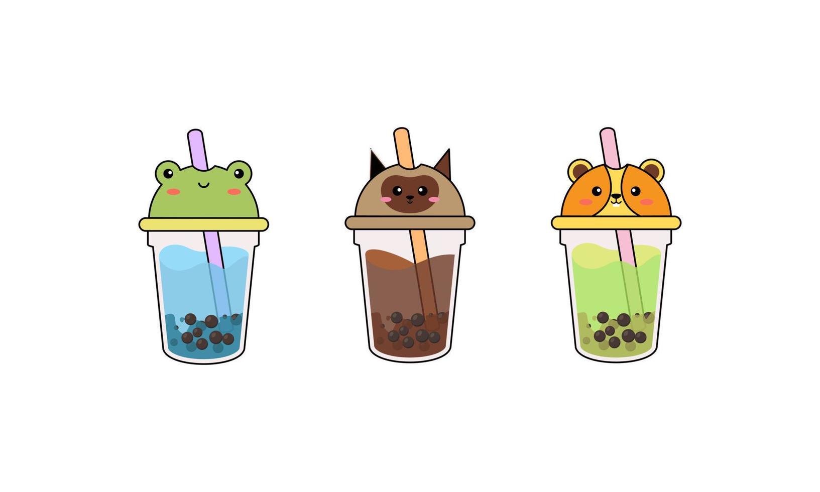 Set kawaii bubble tea with animal faces vector