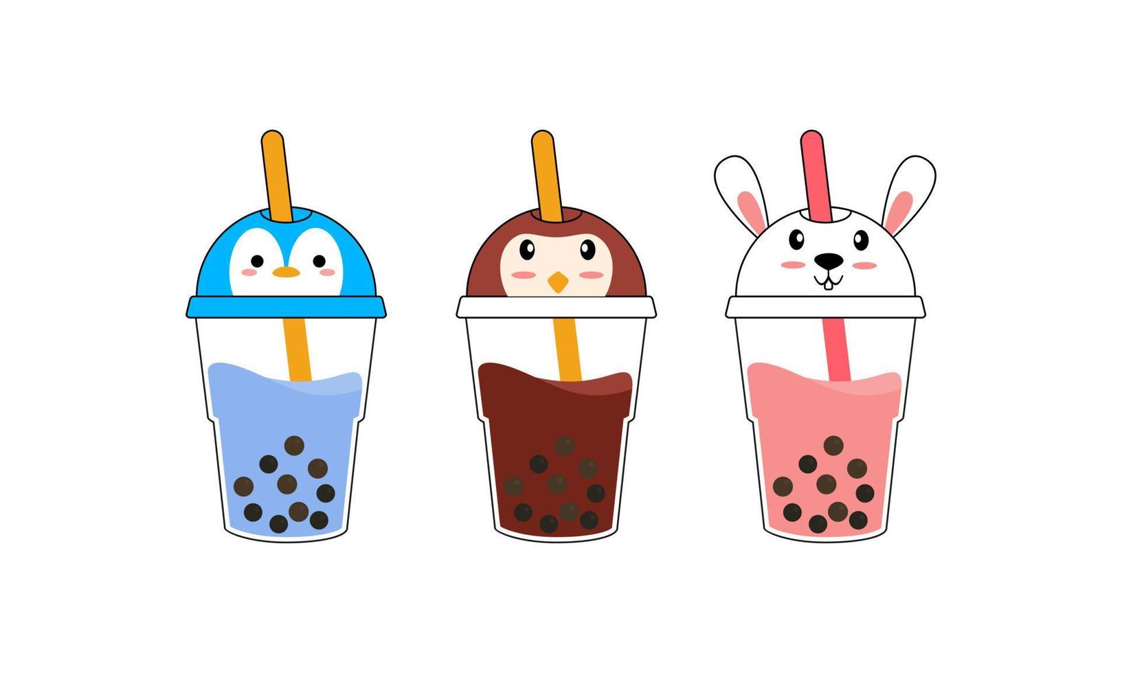 Set kawaii bubble tea with animal faces vector