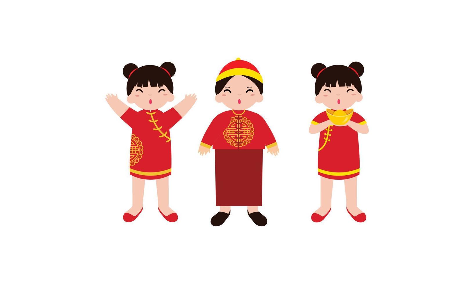 tarjeta de feliz año nuevo chino con un niño vestido con trajes tradicionales chinos vector
