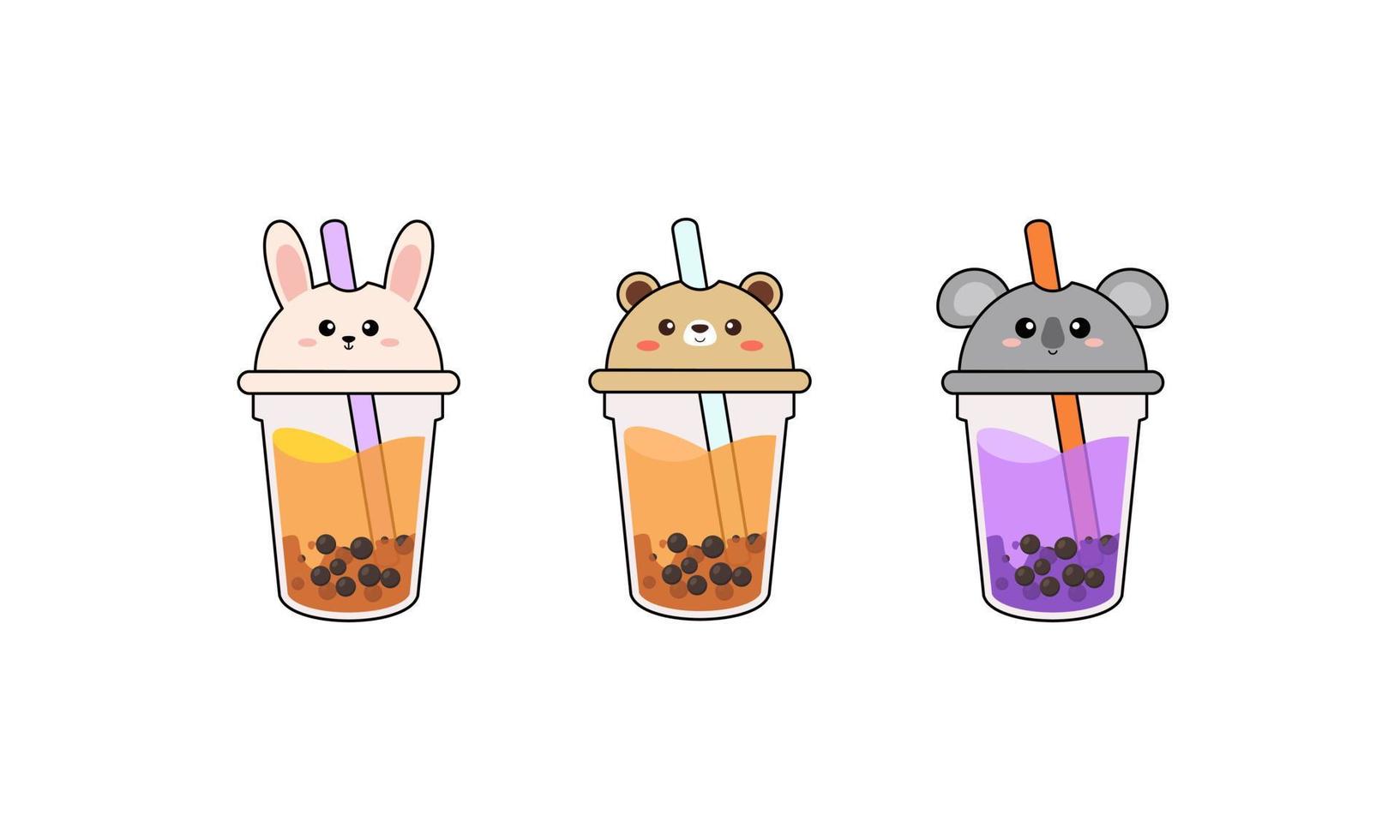 Set kawaii bubble tea with animal faces vector