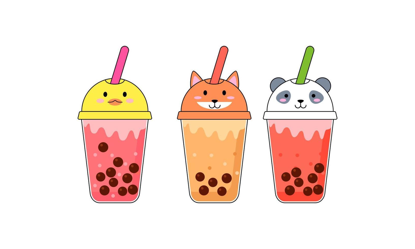 Set kawaii bubble tea with animal faces vector