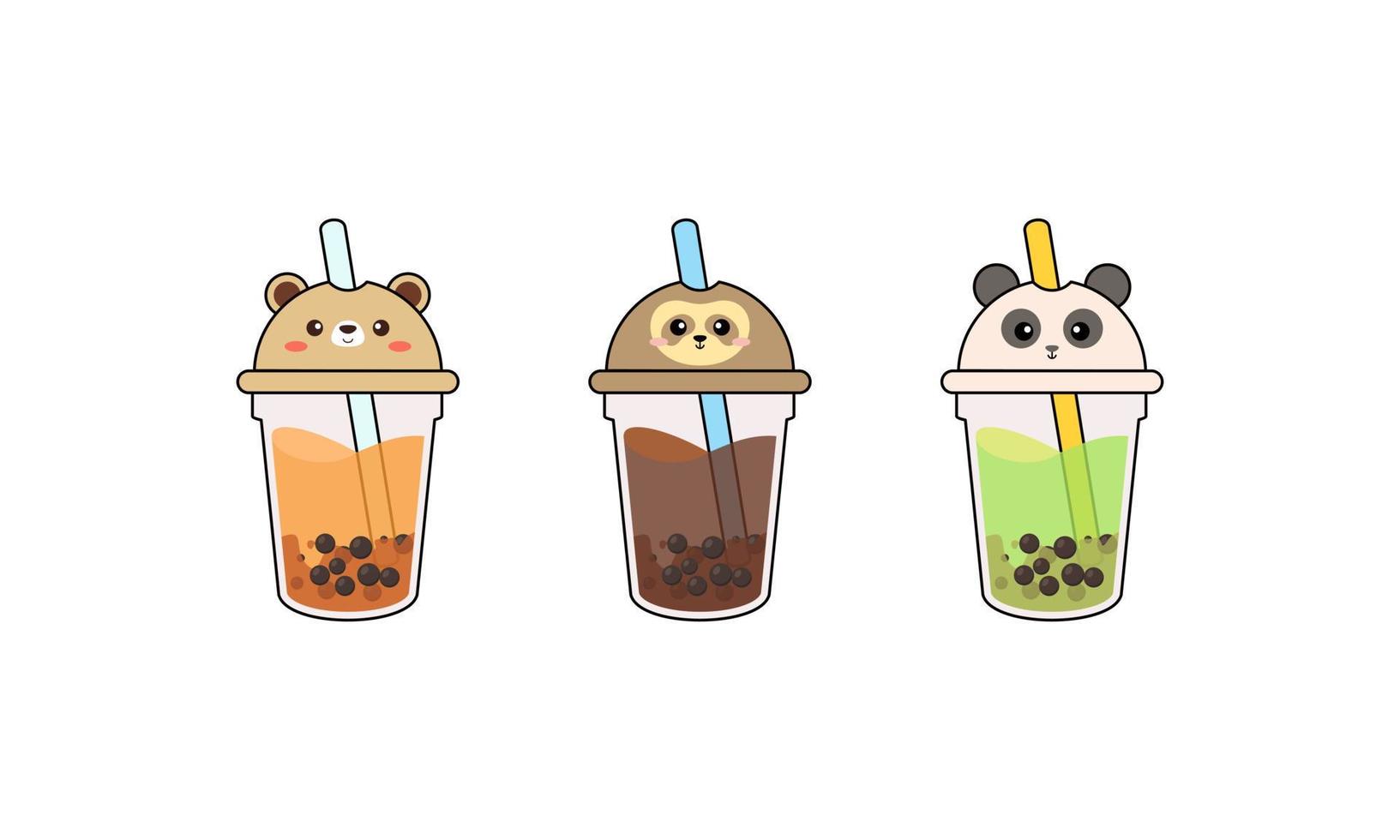 Set kawaii bubble tea with animal faces vector