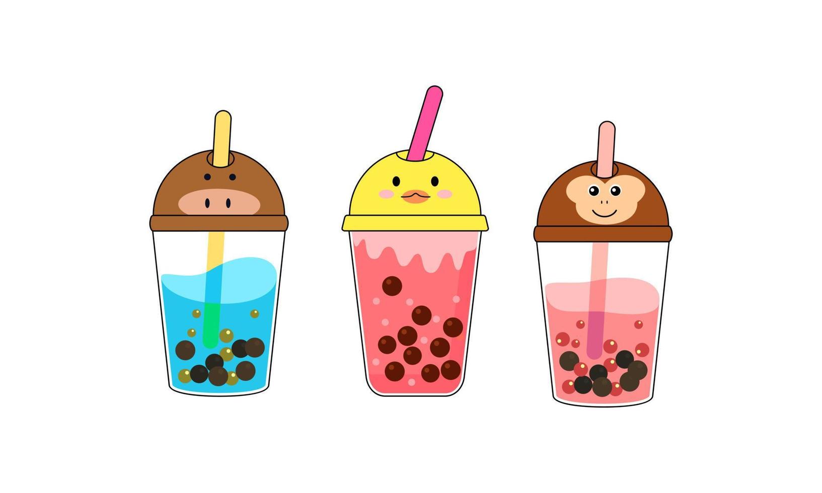 Set kawaii bubble tea with animal faces vector