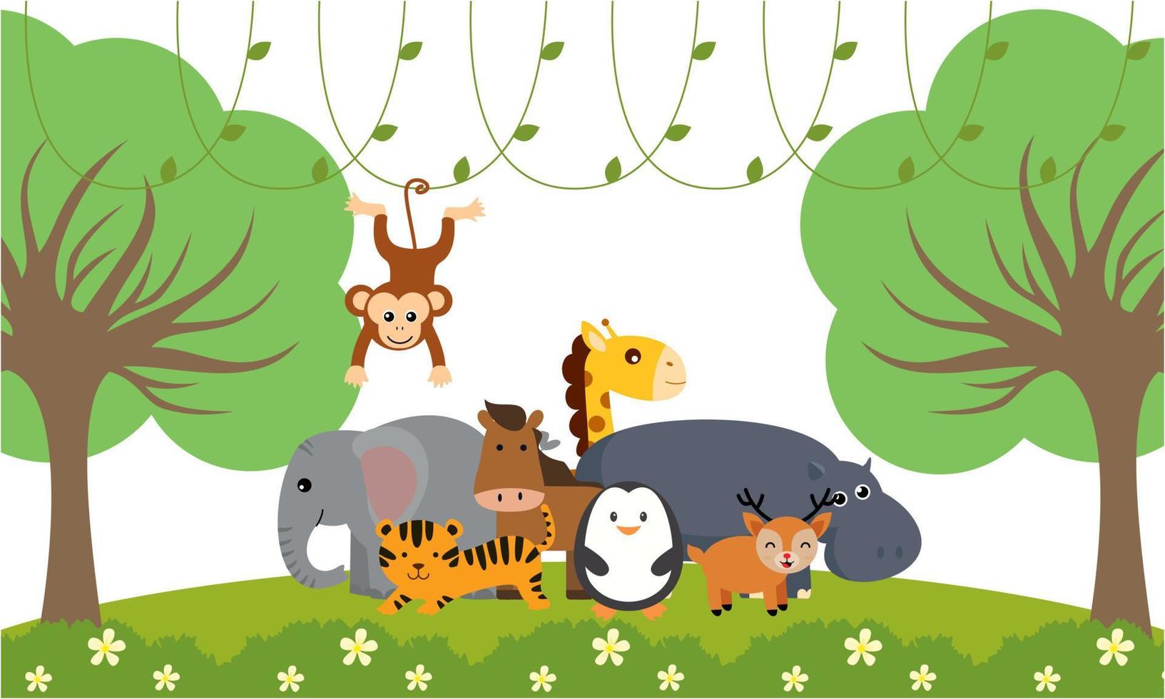 lindos animales de la selva en estilo de dibujos animados, animales salvajes, diseños de zoológicos para ilustración de fondo vector