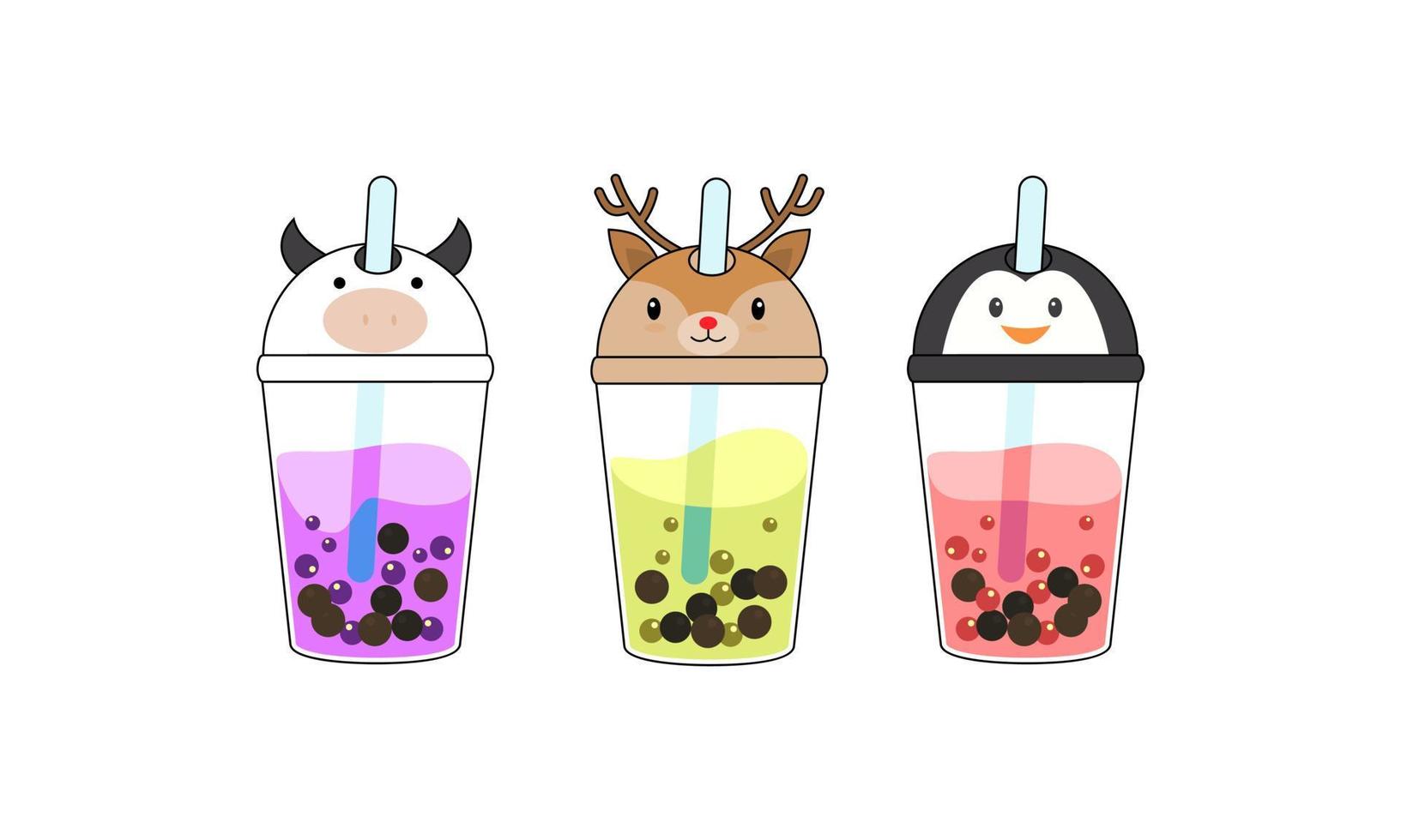 Set kawaii bubble tea with animal faces vector