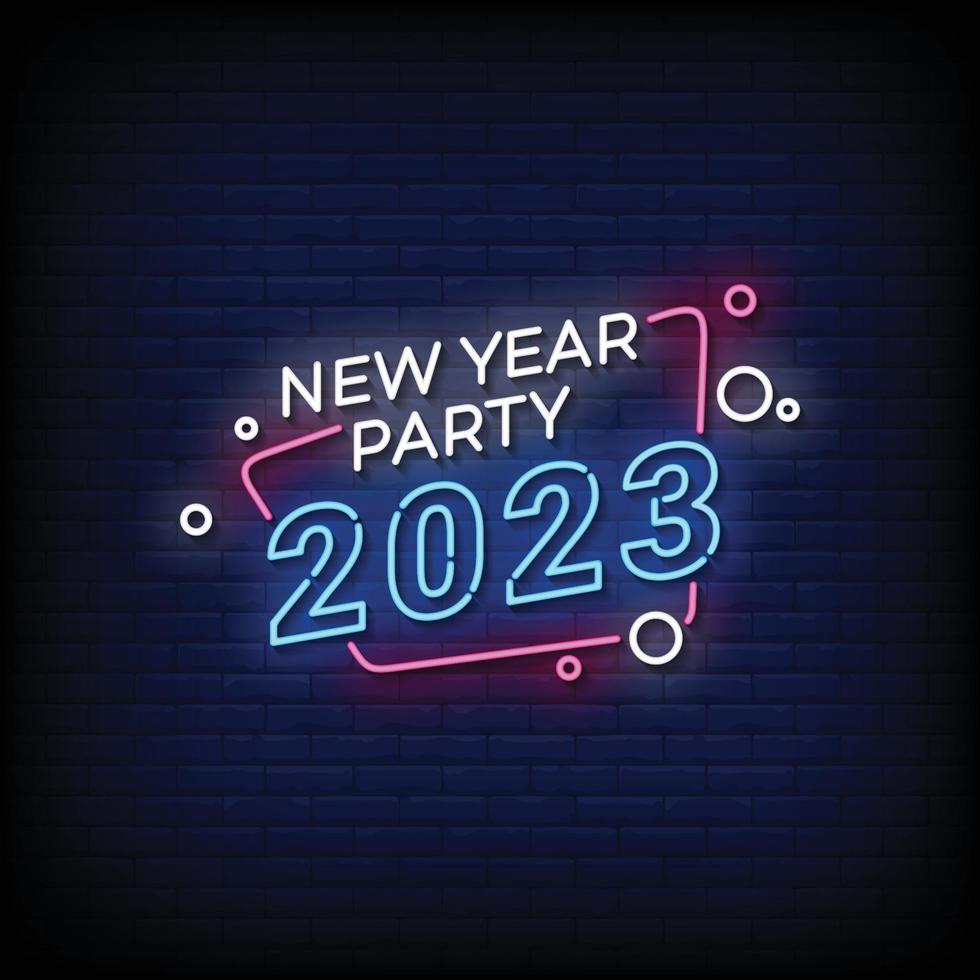 Neon Sign new year party 2023 with brick wall background vector