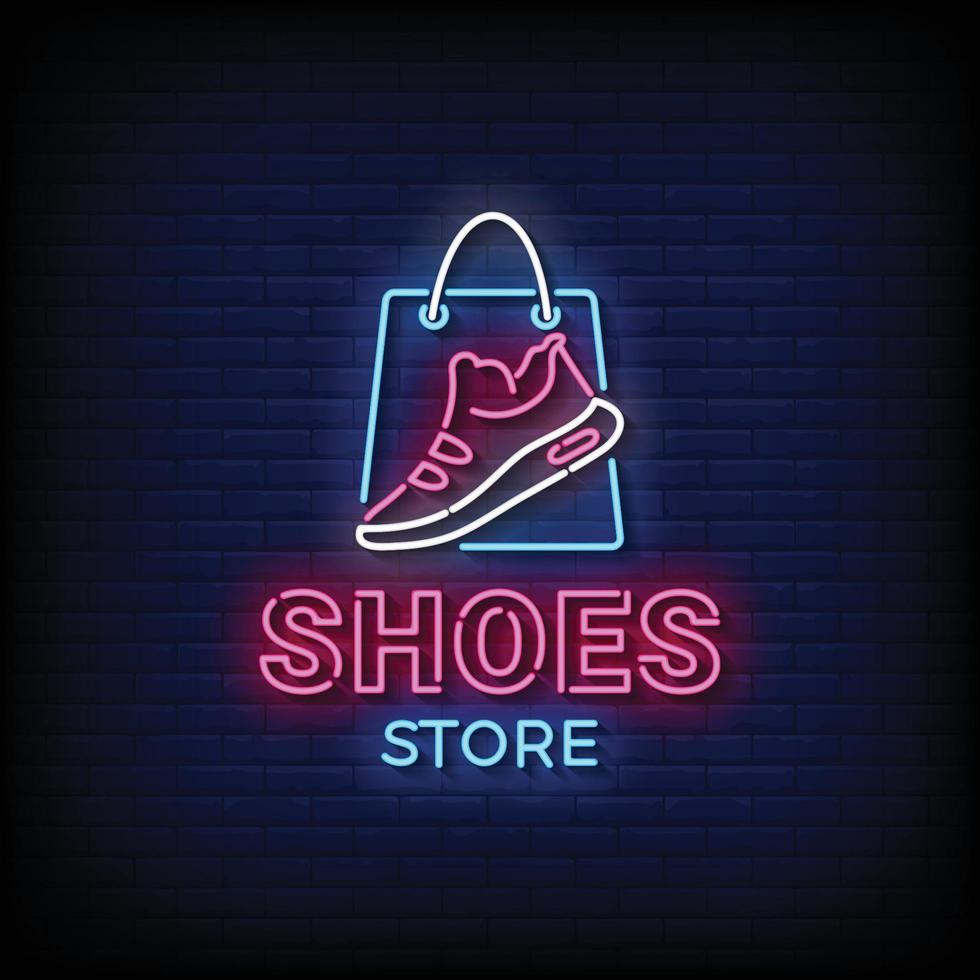 tienda de zapatos de letrero de neón con vector de fondo de pared de ladrillo